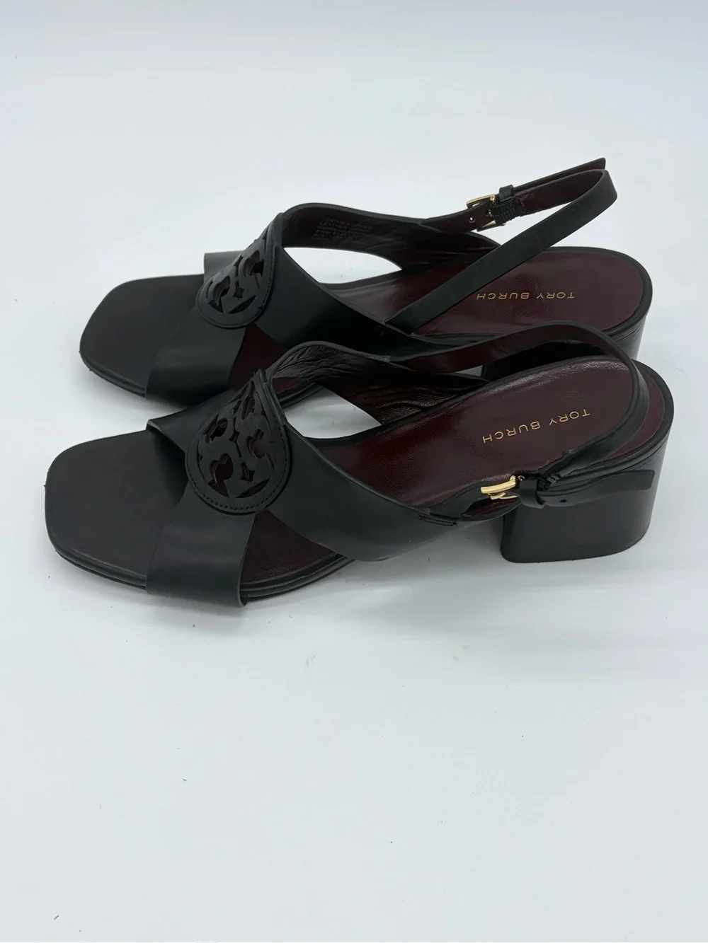 Tory Burch Black Leather Logo Block Heel Slingbacks